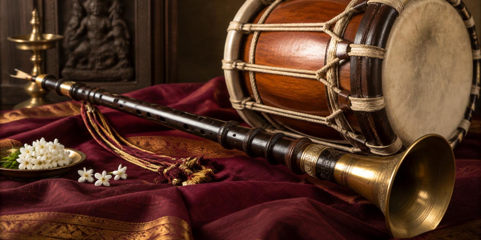 Traditional Nadaswaram and Thavil instruments with jasmine flowers